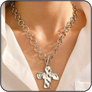 Women Silver 04 Pearl Cross Necklace Chunky Gothic Punk Vintage Pendants Jewelry